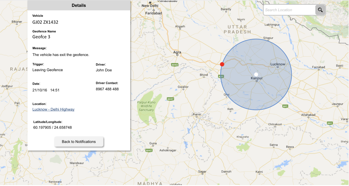 Geofence breach location on map